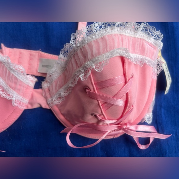 NWT vtg Coquette Y2K Baby Pink Lolita white lace up frilly bow bra delicates 34C - Picture 5 of 16